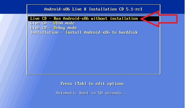 Пункт «Live CD – Run Android-x86 without installation» при загрузке с флешки с Андроид