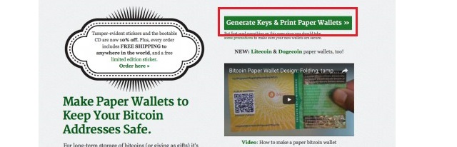 Кнопка «Generate Keys&Print Paper Wallets» на сайте bitcoinpaperwallet