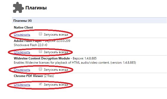 Рис. №2. Список плагинов, кнопка «Отключить» и функция «Запускать всегда» возле них