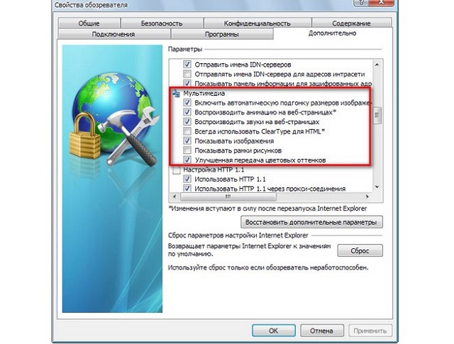 Рис. №4. Пункты, касающиеся мультимедиа, в настройках Internet Explorer