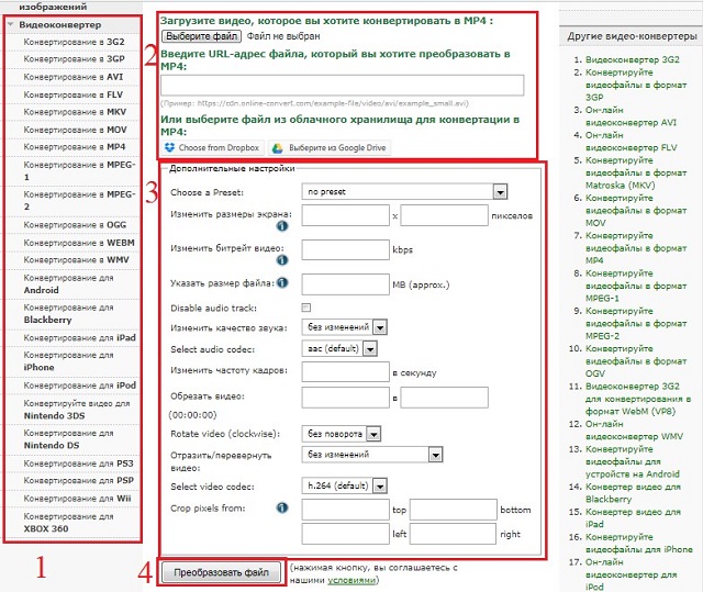 Рис. №1. Использование онлайн сервиса конвертации video.online-convert.com