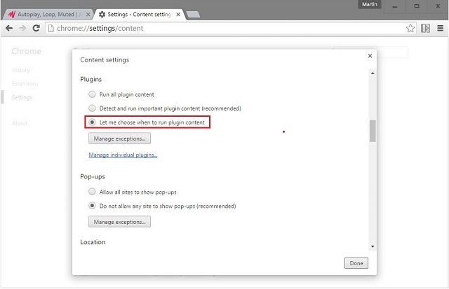 Рис. №2. Установка нужной конфигурации блока «Рlugins» в настройках Google Chrome