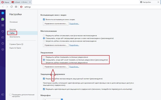 Рис. №5. Настройка уведомлений в Опере