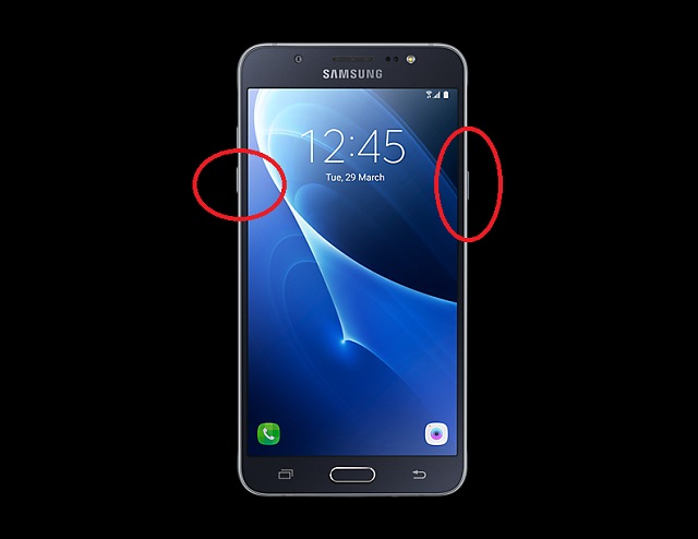 Рис. №2. Кнопки питания и уменьшения громкости на телефоне Samsung Galaxy J7