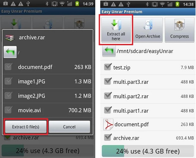 Использование Easy Unrar, Unzip & Zip