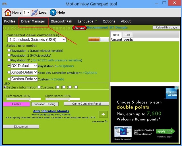 Рис. №1. Вкладка «Driver Manager» в MotioninJoy