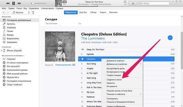 Рис. №3. Список загруженных файлов и пункт «Сведения о песне»