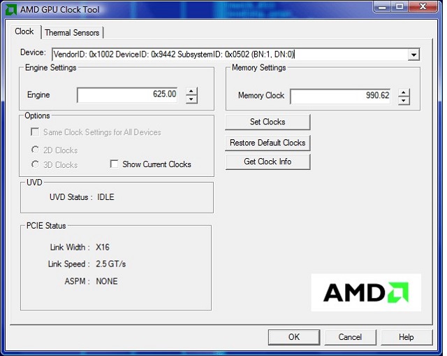 Окно AMD GPU Clock Tool