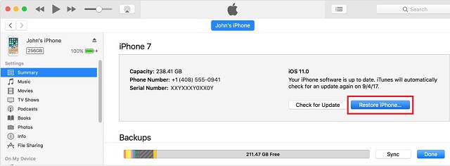 Рис. №1. Кнопка «Восстановить iPhone…» в программе iTunes