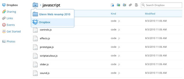 Просмотр личных файлов на сайте Dropbox