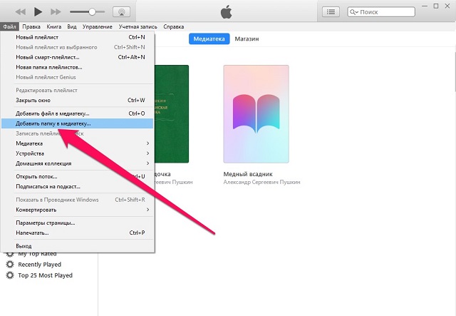 Рис. №2. Пункт «Добавить папку в медиатеку…» из меню «Файл»