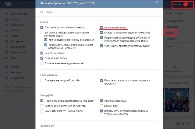 Рис. №1. Окно настроек VkOpt