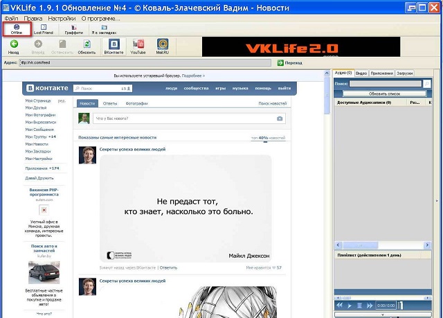 Рис. №4. Кнопка «Offline» в VkLife