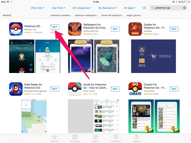 Рис. №7. Кнопка «GET» возле игры Pokemon GO в App Store