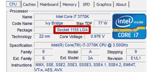 Рис. №7. Окно программы CPU-Z и строка, в которой указан сокет