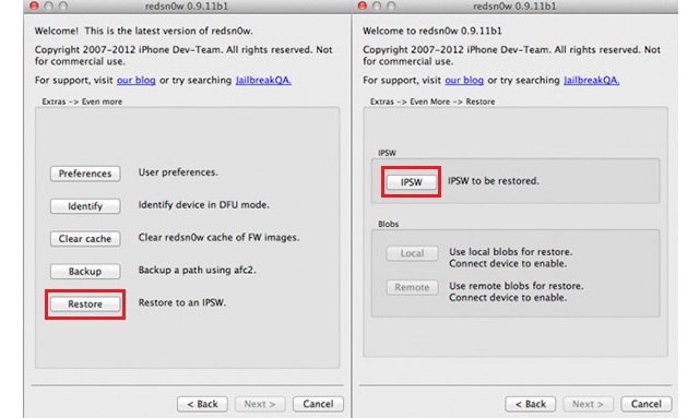 Рис. №3. Кнопки «Restore» и «IPSW» в программе redsn0w