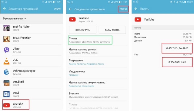 Рис. №5. Очистка данных приложения YouTube на Android