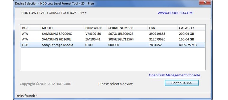 Окно выбора устройства для форматирования через HDD Low Level Format Tool