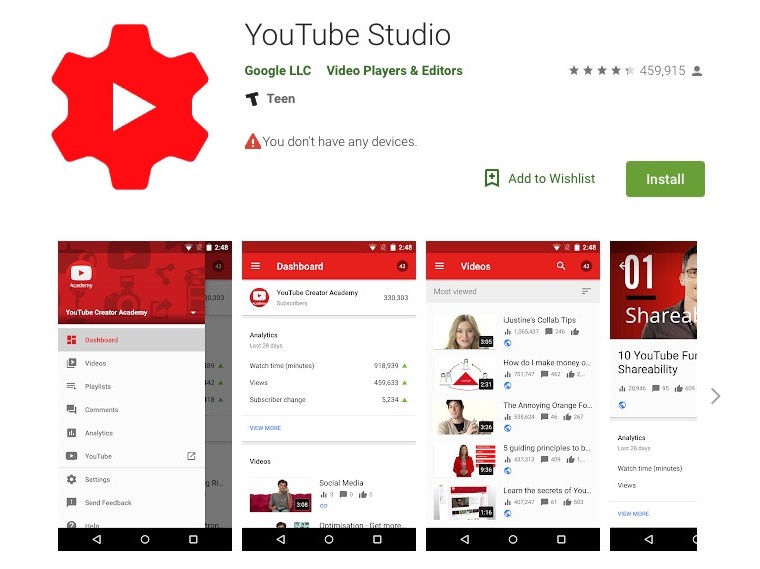 Приложение YouTube Studio в магазине Googl