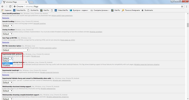 Рис. №5. Включение «Experimental QUIC protocol»