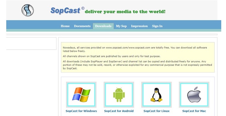Страница скачивания программы на официальном сайте sopcast.com
