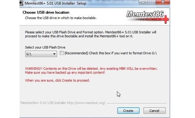Окно создания загрузочной флешки с Memtest86+