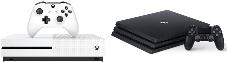  Microsoft Xbox One S All-Digital Edition 1TB + Game 1000 Гб (слева) и Sony PlayStation 4 Pro 1000 Гб (справа)